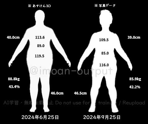 2024/6/25〜2024/9/25の正面から見た体型変化図