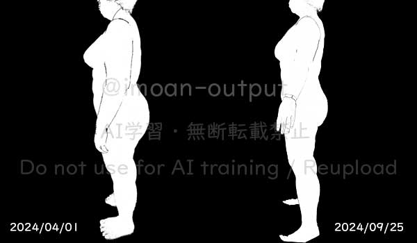 2024/4/1と2024/9/25の写真を元に作成したシルエット体型比較画像